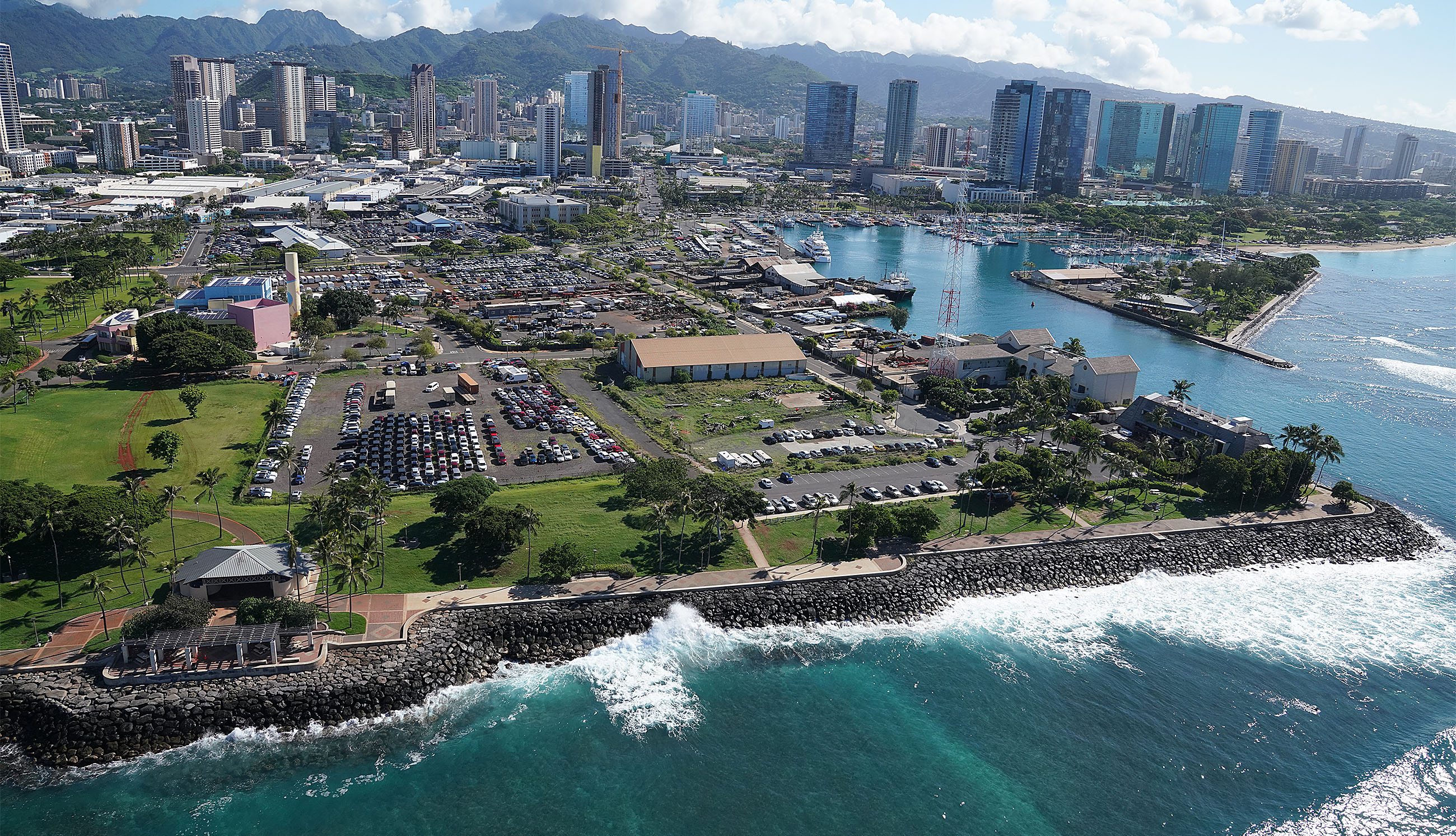 Kakaako Waterfront Park Kewalo Basin Harbor aerial.