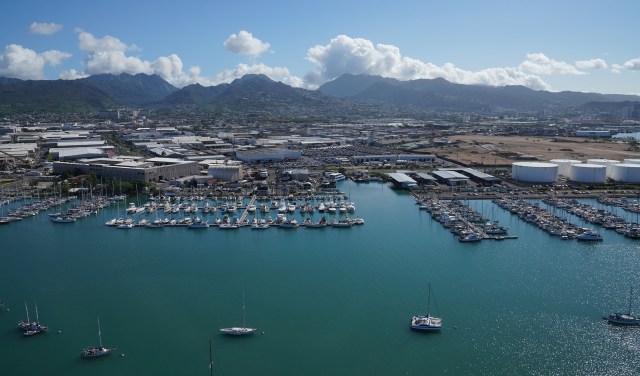 Keehi Lagoon with boats Honolulu Kalihi aerial photo.