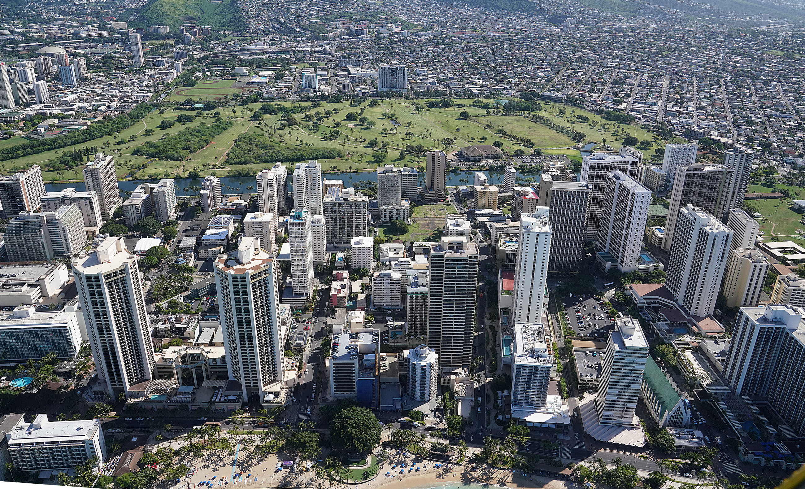 Waikiki Beach Hotels with Ala Wai Golf Course Canal aerial 0401.