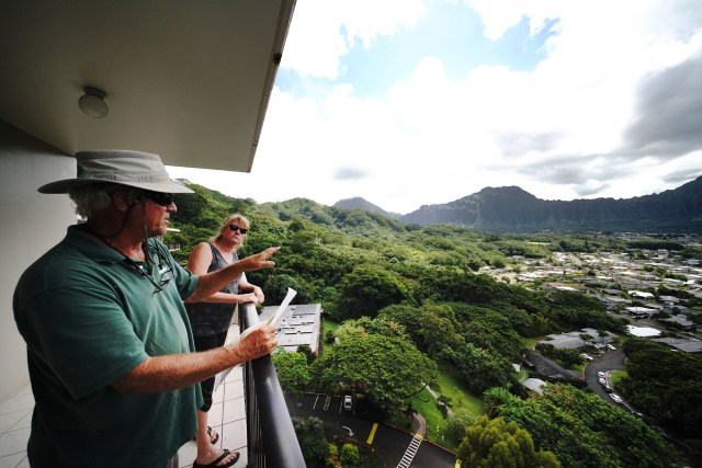 Richard McCreedy and his wife Julianne McGreedy view from Pohai Nani retirement home looking at right, future planned cemetery in Kaneohe.