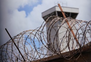 Oahu Community Correctional Center media tour 2019 tower with razor wire.