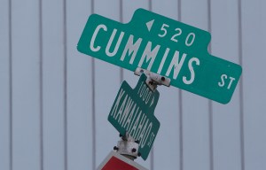 Bent Cummins Street sign near Kawaiahao Street in Kakaako