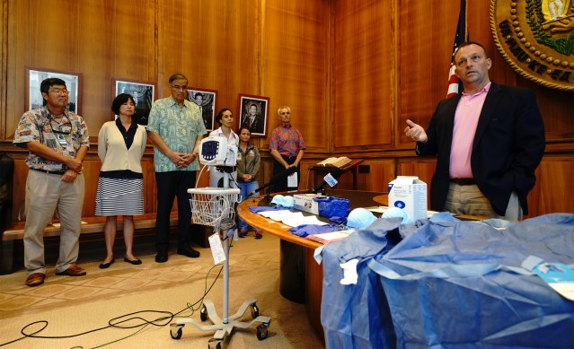 Lieutenant Gov Josh Green at Samoa measle presser announcing medical mission.