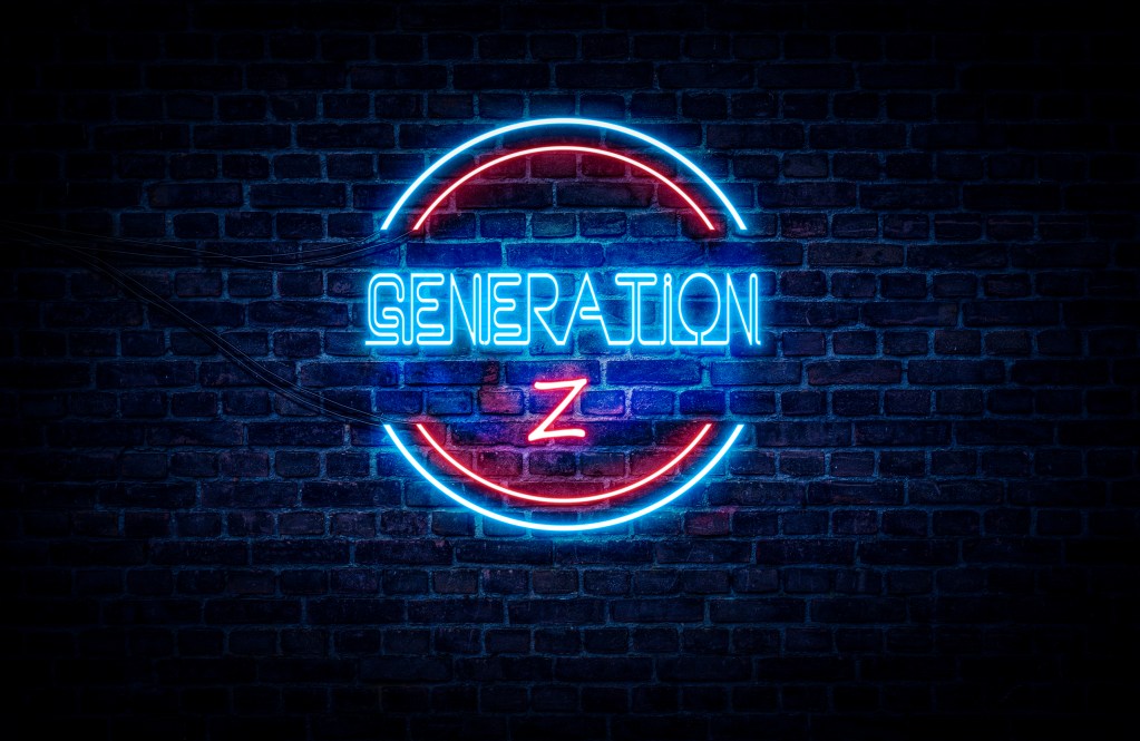 A blue and red neon sign on a brick wall that reads: GENERATION Z