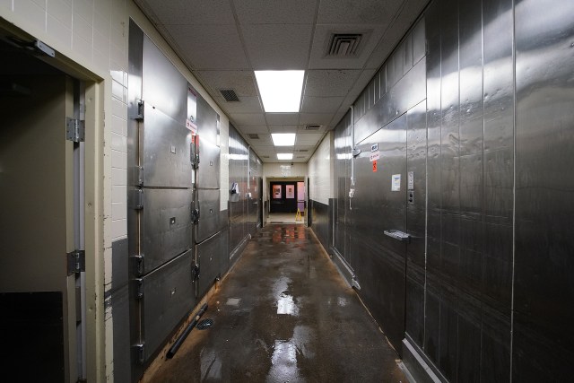Medical Examiner morgue refrigeration area.