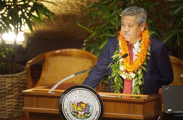 Opening Day of 2020 Legislature House Speaker Scott Saiki at podium.