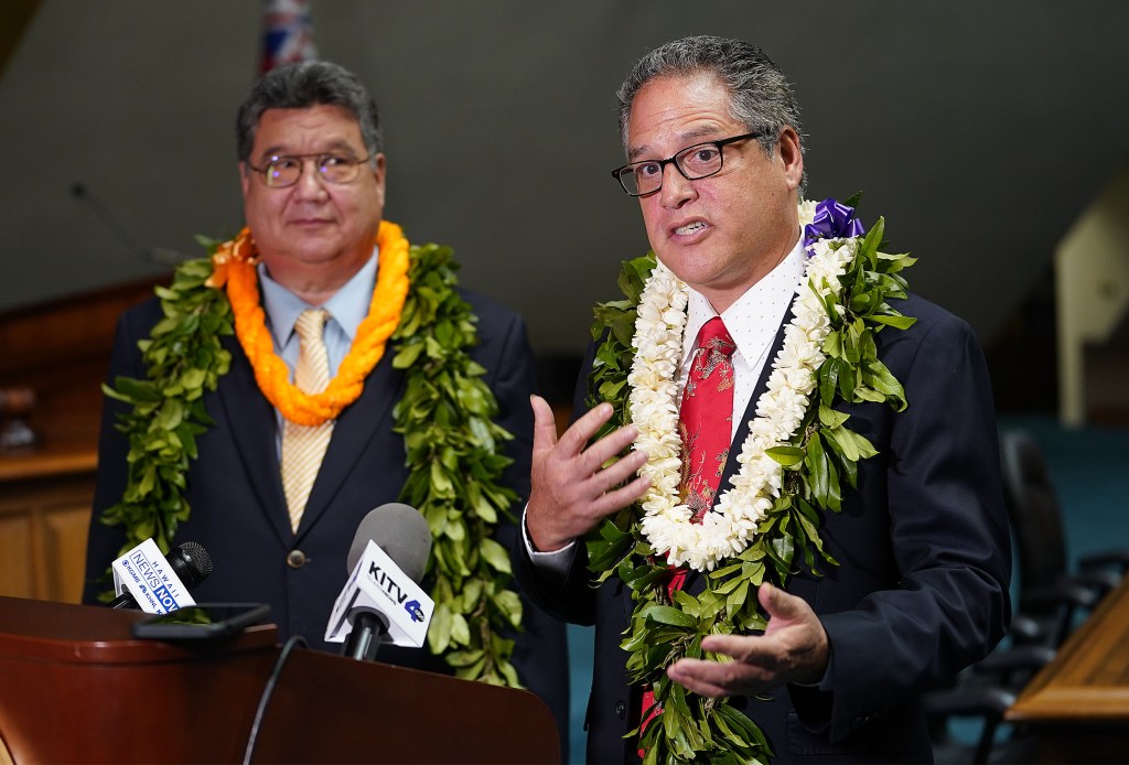 Opening Day of 2020 Legislature Senate President Ron Kouchi and Sen J Kalani English during press conference.