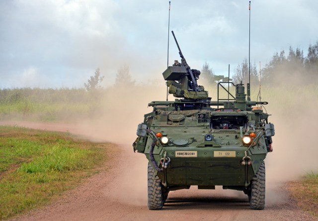 SCHOFIELD BARRACKS, Hawaii- U.S. Army Soldiers from the 71st Chemical Company, 303rd Ordnance Battalion (EOD), 8th Military Police Brigade, 8th Theater Sustainment Command, navigate a Nuclear, Biological, Chemical Reconnaissance Vehicle during the company’s weeklong Stryker Gunnery training held Oct. 10-14, here.