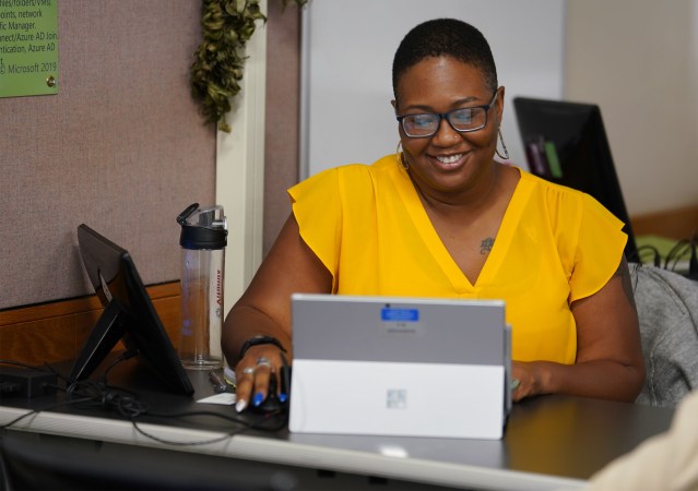 Embry Riddle Aeronautical University student Rhonda Armstead works with her ‘slate’ during class at Schofield Barracks.