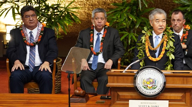 Governor David Ige gives his 2020 State of the State address at the Capitol flanked rear by left, Senate President Ron Kouchi, Speaker Scott Saiki and far right, LG Josh Green.