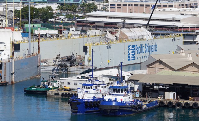 Pacific Shipyards International / Navatek equipment at Honolulu Harbor Pier 24.