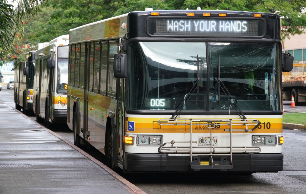 TheBus Buses lined up at Ala Moana with signs ‘Wash your hands’ due to Coronavirus concerns.