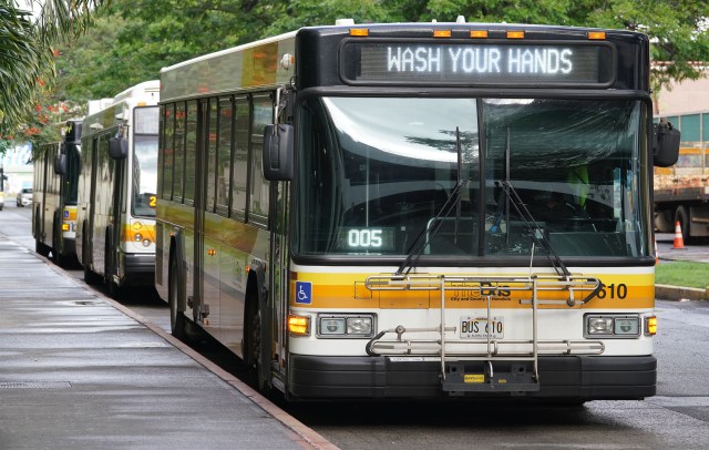 TheBus Buses lined up at Ala Moana with signs ‘Wash your hands’ due to Coronavirus concerns.