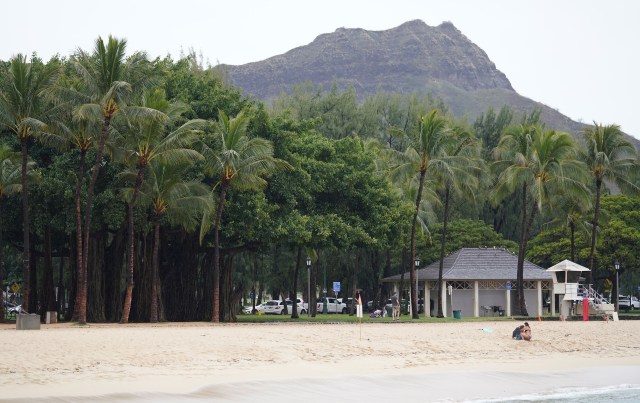 Waikiki Beach and Diamond Head with very few people.