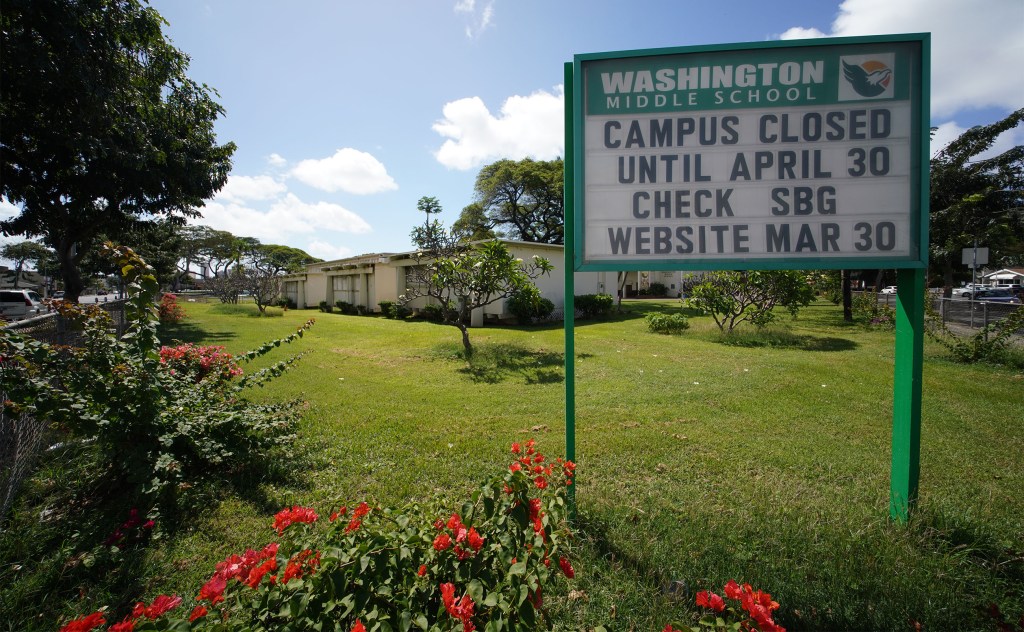 Washington Middle School sign. Coronavirus.