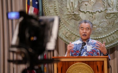 Governor David Ige gestures during Coronavirus COVID-19 press conference held at Capitol. April 8, 2020