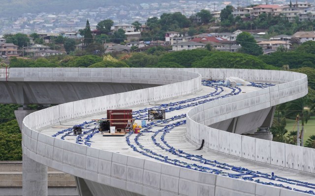 HART rail guideway near Daniel K Inouye International Airport as the guideway snakes towards Middle Street during COVID-19 pandemic. June 11, 2020