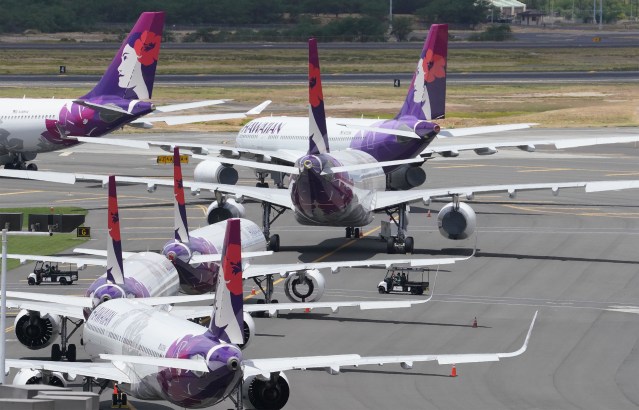 Hawaiian Airlines aircraft parked at the Daniel K Inouye International Airport, interisland terminal side of the airport during COVID-19 pandemic. June 11, 2020