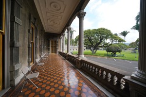 Social distanced chairs near the entrance of Iolani Palace for people to sit when they put on their booties during COVID-19 pandemic.