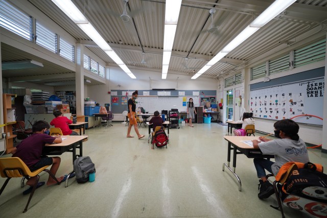 Kaneohe Elementary School summer school teacher Corrine Moriwake teaches to incoming 3rd and 4th graders during COVID-19.