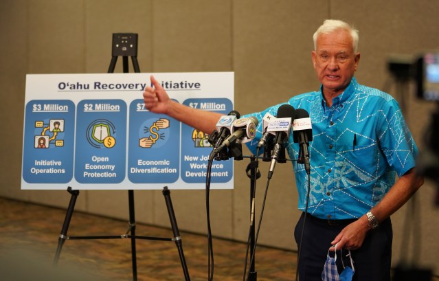 Mayor Kirk Caldwell gestures about the city of Honolulu’s new office to help with economic recovery from COVID-19 called the Office of Economic Revitalization.