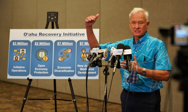 Mayor Kirk Caldwell gestures about the city of Honolulu’s recovery coming out of the lock down. June 2, 2020