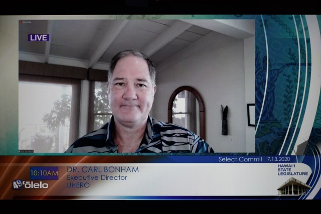 House Committee on COVID19. Dr. Carl Bonham from UHERO presents a report to the committee during meeting televised by Olelo.