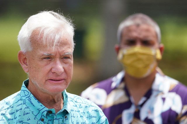 Mayor Kirk Caldwell and Council Chair Ikaika Anderson during press conference announcing the Primary Election Official Ballot drop box located at the Kaneohe District Court.