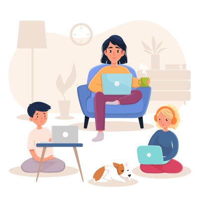 Mother and children working at home