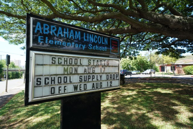 Front sign at Abraham Lincoln Elementary School starts August 17 during COVID-19 pandemic. August 13, 2020