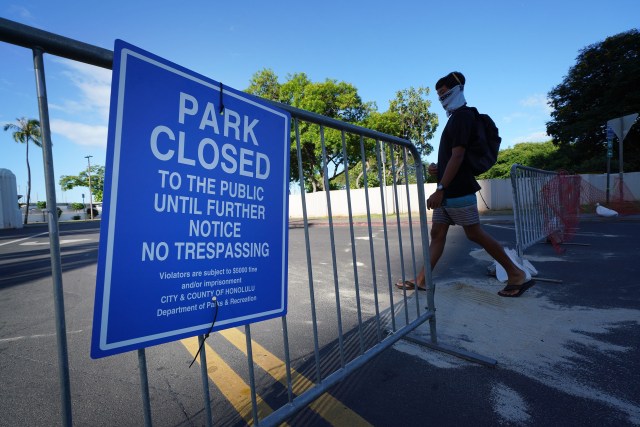 Ala Moana Beach Park closed during COVID-19 pandemic. August 12, 2020