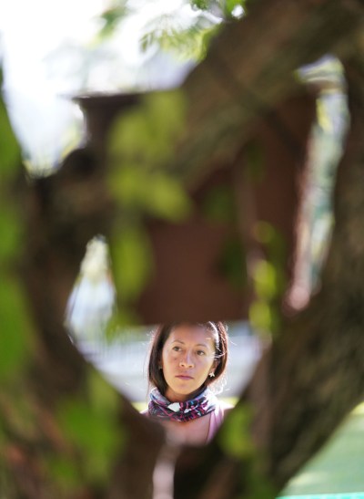 Beelieve owner Jasmine Joy checks out bee trap in a Bouganvillia bush near the rear of Iolani Palace.