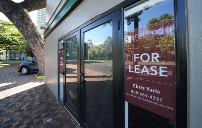 For Lease signs along vacant buildings along Saratoga Road in the heart of Waikiki during COVID-19 pandemic. August 12, 2020