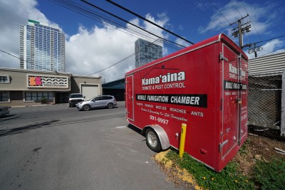 Kamaaina Termite and Pest Control trailer. Founder Michael Miske near 940 Queen street.