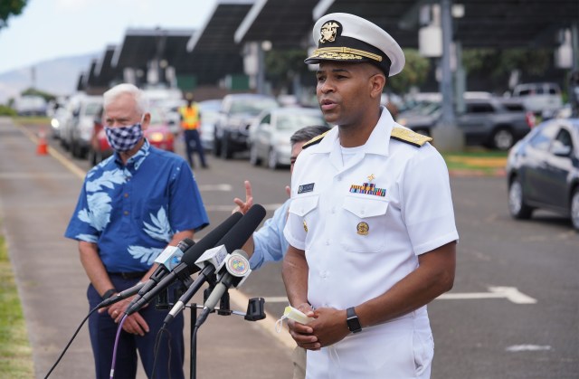 Vice Admiral Jerome Adams US Surgeon General and Mayor Kirk Caldwell during COVID-19 surge testing held at Leeward Community College. August 26, 2020