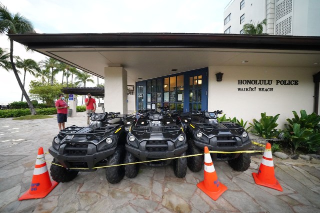 All Terrain Vehicles parked fronting the Honolulu Police Department Waikiki substation. The HPD uses these vehicles to cite people on the beach and parks. September 2, 2020
