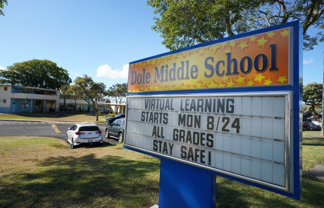 Dole Middle School sign ‘Virtual Learning starts 8/24’ during COVID-19 pandemic. September 3, 2020