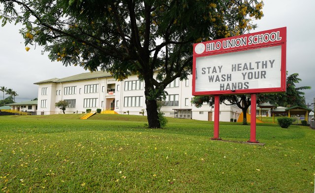 Hilo Union School sign reads ‘Stay Healthy Wash your hands’ during COVID-19 pandemic. Hilo, Hawaii. September 24, 2020
