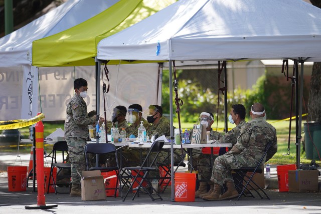 Hawaii Army National Guard personnel at COVID-19 surge testing held at Kapiolani Park. September 8, 2020