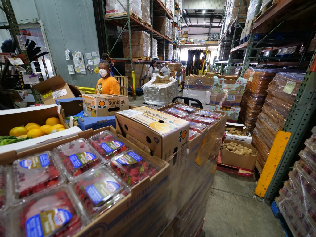 Food bank volunteers sort fresh produce in preparation for a food drive at the Hawaii Food Bank in Honolulu to provide food for families impacted by the COVID-19 pandemic, Monday, September 29, 2020. (Photo: Ronen Zilberman/Civil Beat)