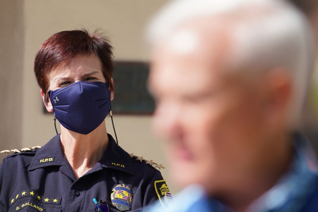 HPD Honolulu Police Chief Susan Ballard looks on during press conference as Mayor Caldwell speaks to media during COVID-19 pandemic. October 28, 2020