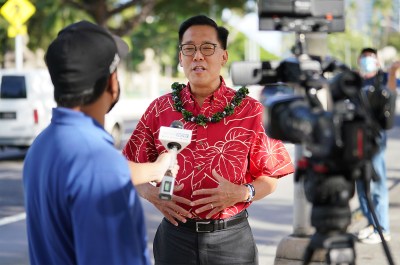 Mayoral candidate Keith Amemiya interviewed at campaign rally along King Street. October 12, 2020