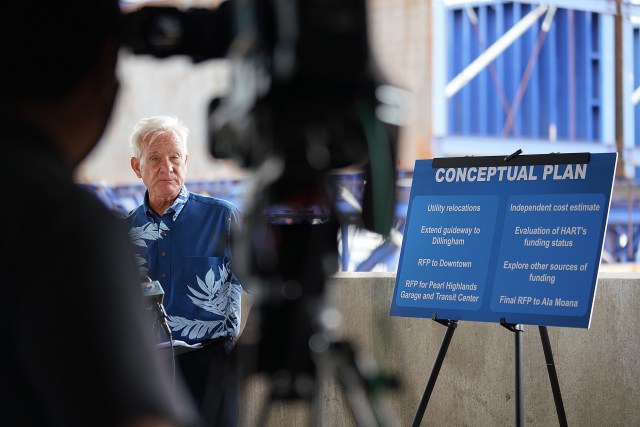 Mayor Kirk Caldwell speaks about his ‘conceptual rail plan’ during a press conference held at the Daniel K. Inouye International Airport parking garage.