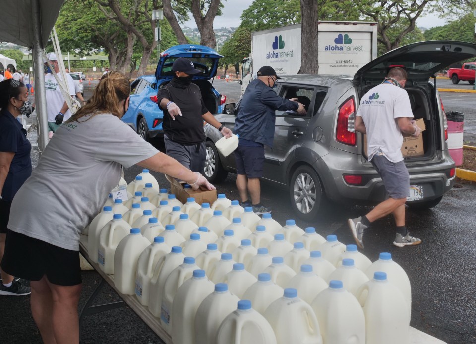 Volunteers organize food items and load trunks during a food distribution event at Aloha Stadium in Pearl City, HI, Friday, October 23, 2020. The distribution event was put on by a partnership between HLTA and Aloha Harvest in support of ILWU and UNITE HERE! Local 5 union members, as well as non-union hotel employees. (Ronen Zilberman photo Civil Beat)