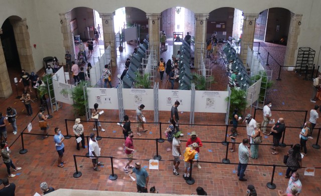 Voters wait in long lines to cast their ballots at the Honolulu Hale on Election Day Tuesday, November 3, 2020. (Ronen Zilberman photo Civil Beat)