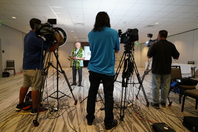 Mayoral Candidate Rick Blangiardi is interviewed before print out on election night.