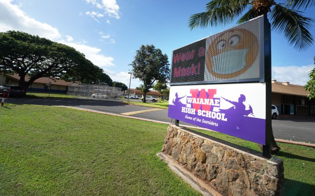 Waianae High School Sign reads ‘Wear your Mask’ during COVID-19 pandemic. October 30, 2020