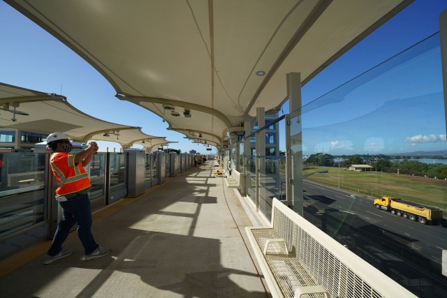 Aloha Stadium rail station HART with Pearl Harbor view.