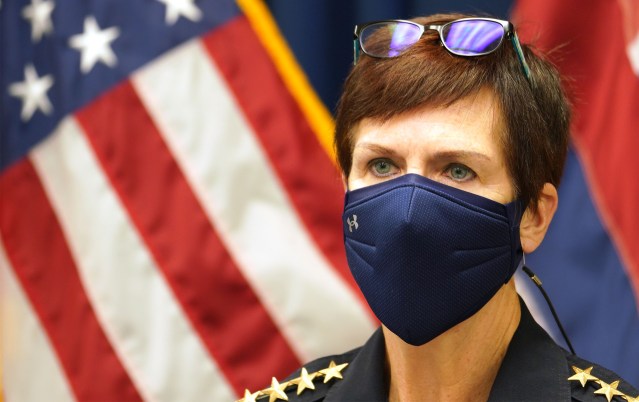 HPD Police Chief Susan Ballard during press conference discussing shooting death of a suspect at Ahuimanu today.