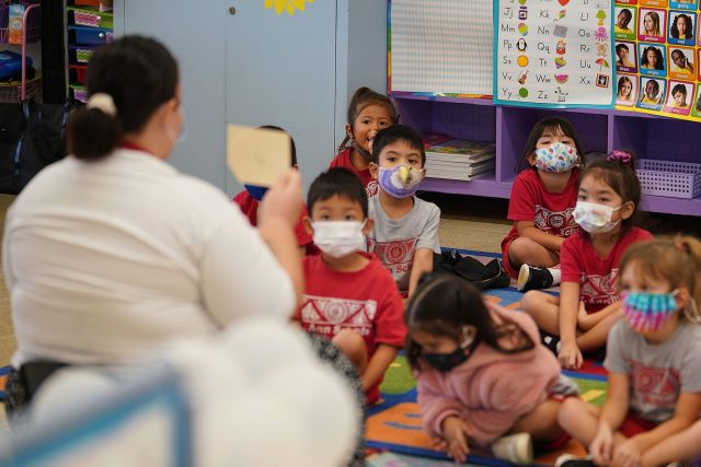 St. Ann School with masked early learning students during in person class during the COVID-19 pandemic.